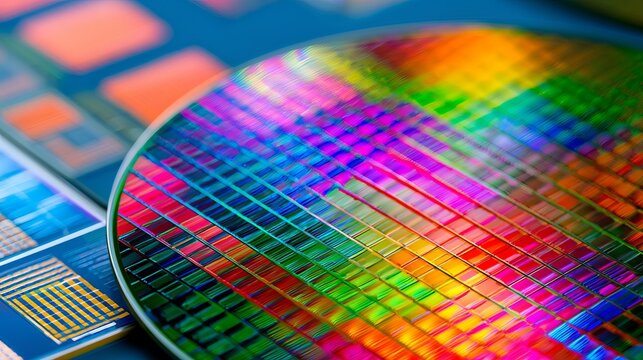 Ultra-high-resolution microscopic view of a vibrant semiconductor wafer displaying intricate microchip patterns under advanced optical magnification with colorful interference effects