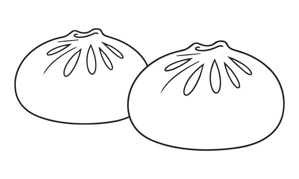 Two fluffy white steamed bao buns with minimalist black outlines and circular shapes isolated on a white background, minimal food design concept
