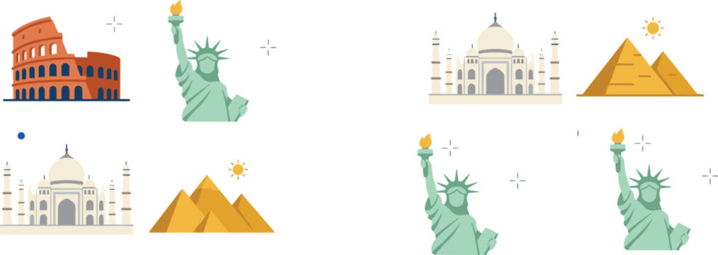 Famous world landmarks collection featuring Statue of Liberty, Colosseum, Taj Mahal, Egyptian Pyramids, and iconic travel monuments flat vector illustration