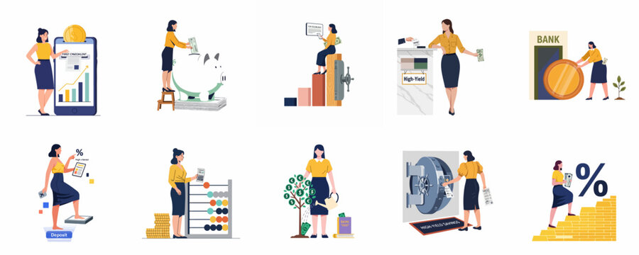 Set of flat illustrations featuring a businesswoman engaged in various financial activities like saving, investing, and managing money for high-yield returns.