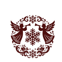 Fototapeta premium Dark red winter holiday silhouette icon featuring two heavenly angels blowing trumpets around a central snowflake vector graphic design element for festive art