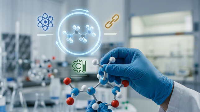 Scientist in blue gloves holding a molecular model with digital infographic overlays in a modern laboratory background for chemistry research