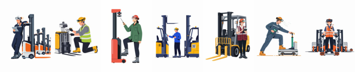 Modern warehouse workers using smart technology and AR glasses to operate automated forklifts and logistics equipment in a digitalized industrial storage facility environment.