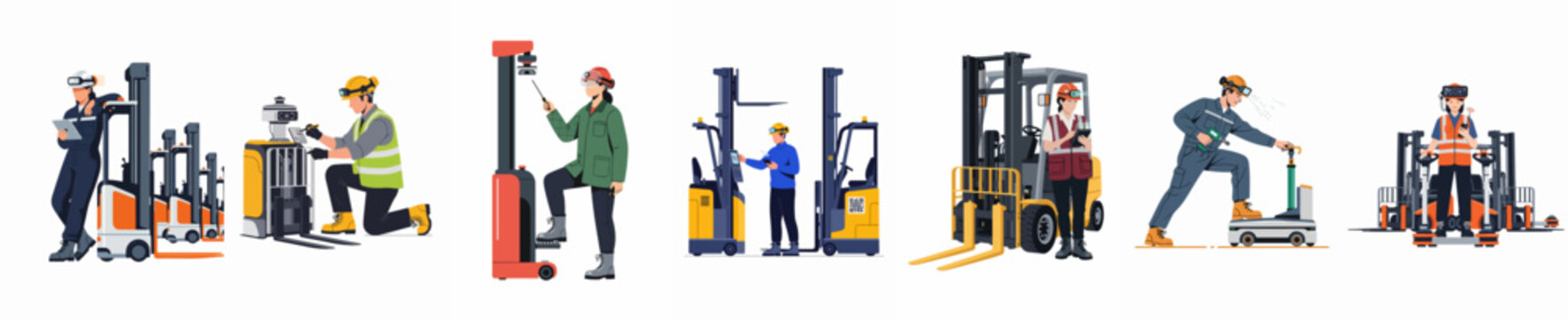 Modern warehouse workers using smart technology and AR glasses to operate automated forklifts and logistics equipment in a digitalized industrial storage facility environment.