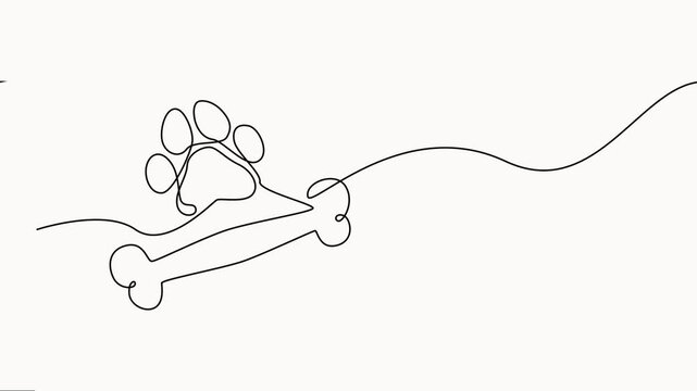 Animated self drawing of continuous line draw of dog or cat paw print with a bone. Concept of love for animals. Cute Print for design, Full-length one-line animation vector on white background.
