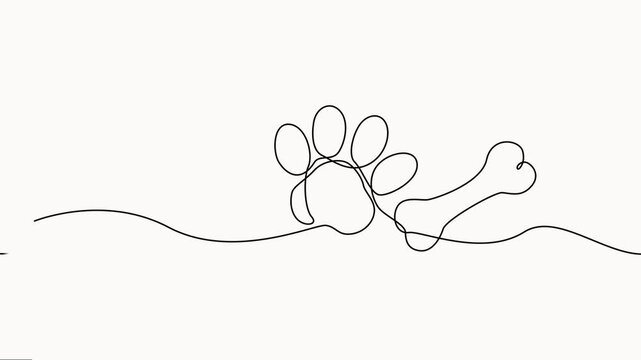 Animated self drawing of continuous line draw of dog or cat paw print with a bone. Concept of love for animals. Cute Print for design, Full-length one-line animation vector on white background.
