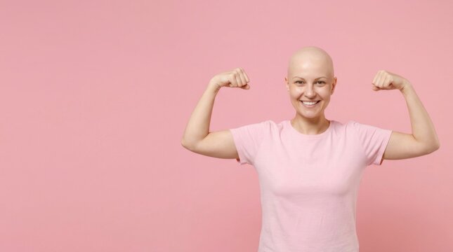 Strong smiling bald woman breast cancer survivor in pink shirt flexing muscles on pink background with copy space