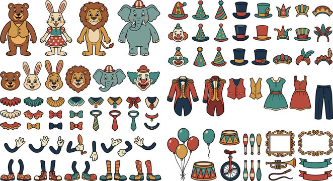 Vintage circus carnival animal character creation kit featuring retro mascot clothes hats faces expressions balloon and stage performance element vectors