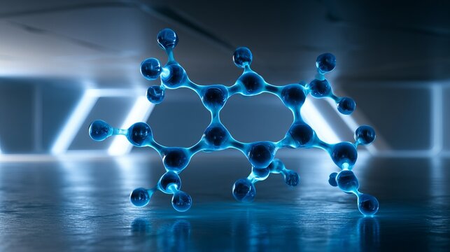 A futuristic molecular structure model glowing with ethereal blue light under a futuristic laboratory lighting setup, showcasing advanced nanotechnology research in a high-tech research facility