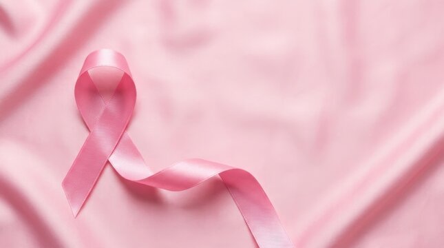 Pink satin breast cancer awareness ribbon curved on soft pink silk fabric background with copy space