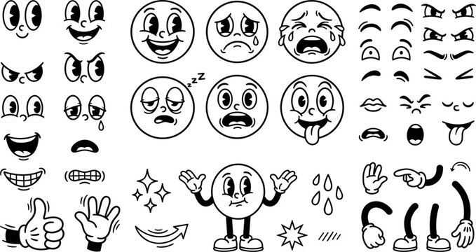 Vintage rubber hose cartoon character creator constructor kit vector elements set with funny retro faces eyes mouths limbs and expressions