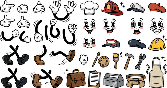 Vintage rubber hose cartoon professions creator kit vector elements set with character parts faces limbs hands hats and tools