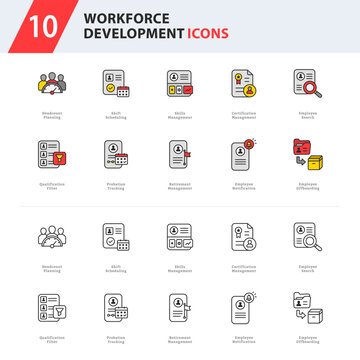 workforce development icon collection featuring workforce planning, employee skills, certification management, employee lifecycle, and HR administration.

