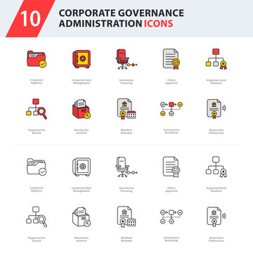 corporate governance administration icon collection featuring governance records, organizational mandates, policy workflows, and official corporate documentation.
