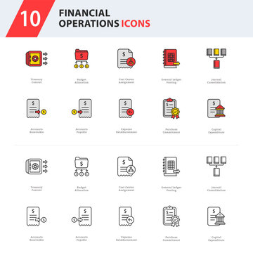 financial operations icon collection featuring treasury management, accounting, budgeting, procurement, and enterprise finance workflows.
