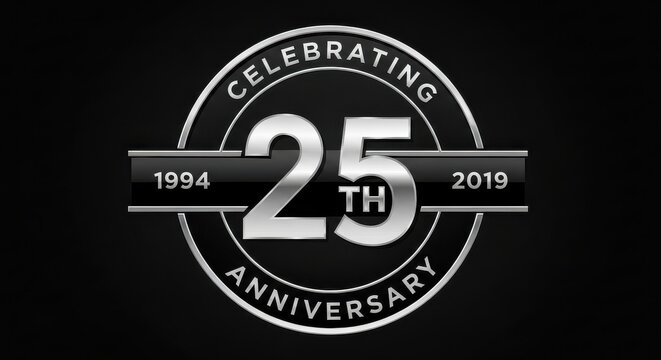 Silver 25th Anniversary Logo Celebrating 25 Years Milestone 1994 to 2019 on Black Background