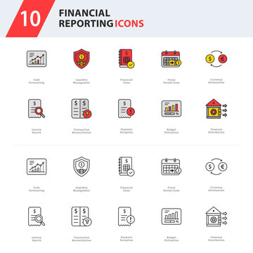 financial reporting icon collection featuring accounting close, treasury management, reconciliation, budgeting, and payment operations.
