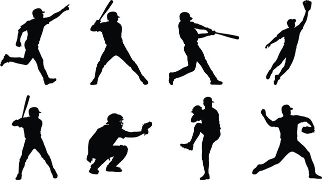 Set of black baseball player silhouettes showing various athletic actions including batting and pitching