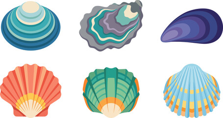Set of six colorful decorative seashells arranged in flat artistic style suitable for nautical themed beach designs and summer greeting cards © Firdaus
