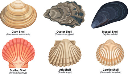 Educational collection of six distinct saltwater mollusk shells featuring realistic textures and scientific labels for marine biology and seafood culinary designs © Firdaus