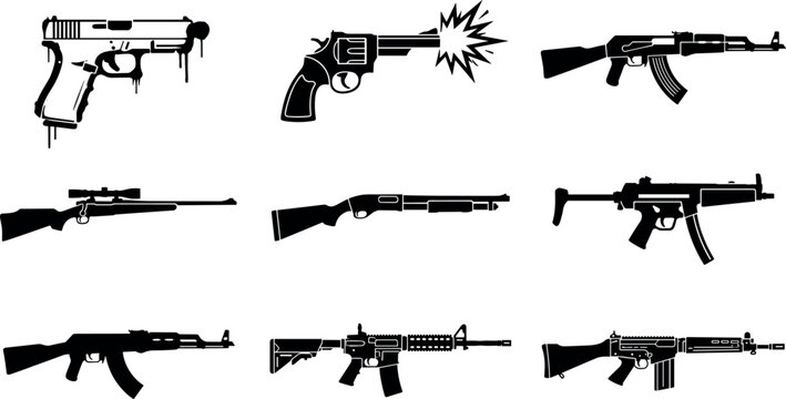 Military and tactical firearms collection vector set featuring pistols rifles shotguns and automatic machine gun silhouettes on white background