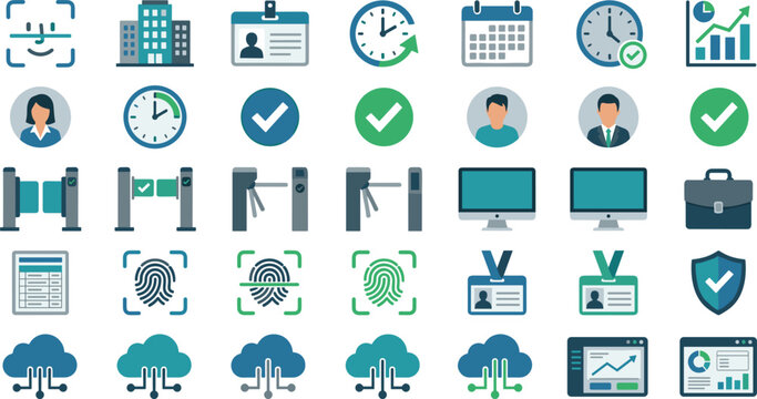 Biometric attendance and corporate security vector elements set featuring turnstiles face recognition fingerprints badges and office management icons