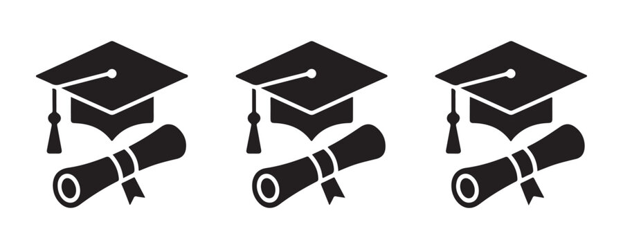 Graduation cap and scroll diploma vector icon set for academic achievement and successful university end.