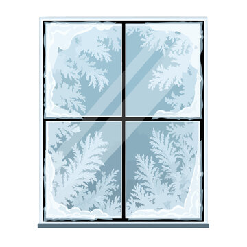 A frosted window pane with ice crystals and snow