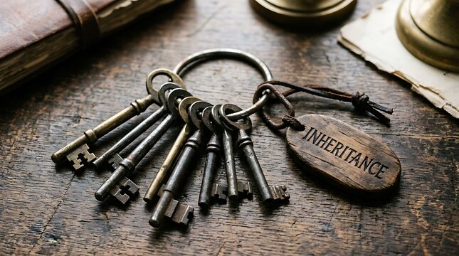 Antique keys with 'Inheritance' tag on a rustic wooden table, symbolizing legacy and wealth.