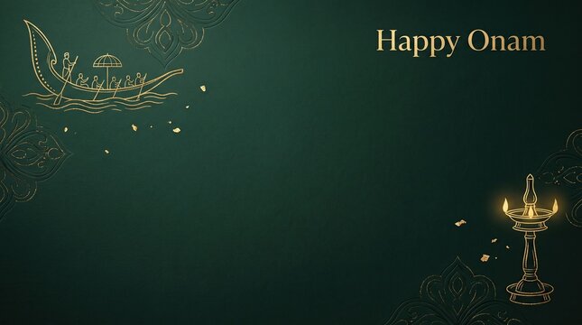 Happy Onam greeting text on dark green background with golden boat race illustration and traditional oil lamp, festive celebration banner, gold foil texture.