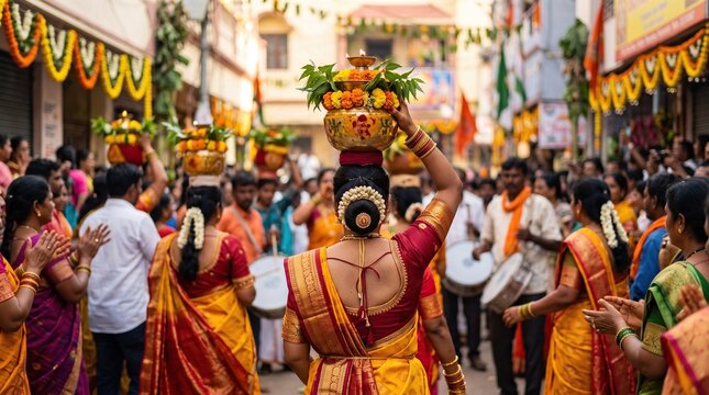 Indian woman carrying decorated pot on head during festival procession on street, traditional culture, indian celebration.