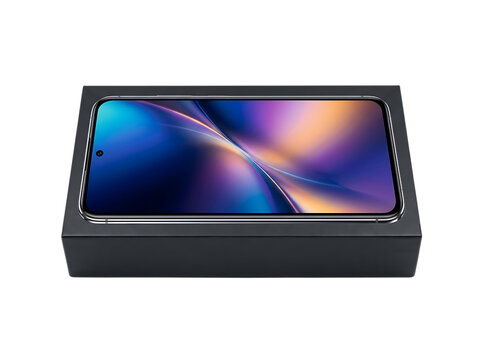 Modern smartphone device inside a black gift box packaging