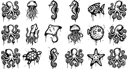 Sea life graffiti icon vector set featuring octopus jellyfish seahorse stingray puffer fish starfish and sea turtle paint drip graphics. © mstRabea