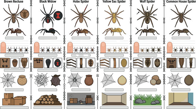 Common household spider identification chart vector infographic with brown recluse black widow wolf spider markings webs and habitats