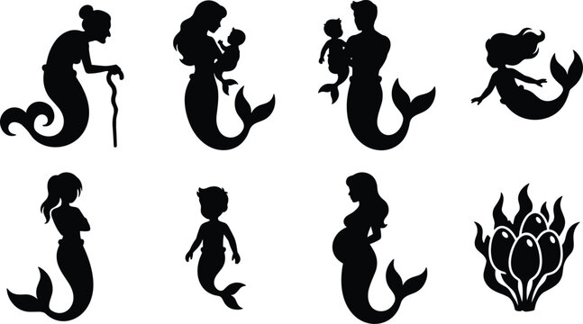 Vector silhouette collection of a mermaid family showing different generations and life cycle stages