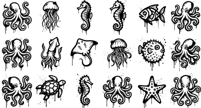 Sea life graffiti icon vector set featuring octopus jellyfish seahorse stingray puffer fish starfish and sea turtle paint drip graphics.