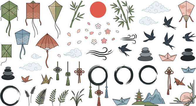Traditional Japanese oriental vector element set with flying kites, cherry blossoms, bamboo, enso circles, sun, swallow birds, and mountains.