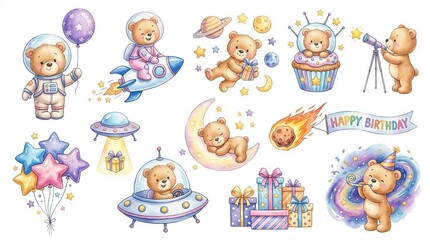 Fototapeta premium Space birthday teddy bear illustration astronaut rocket planets stars gifts festive cartoon children design photo