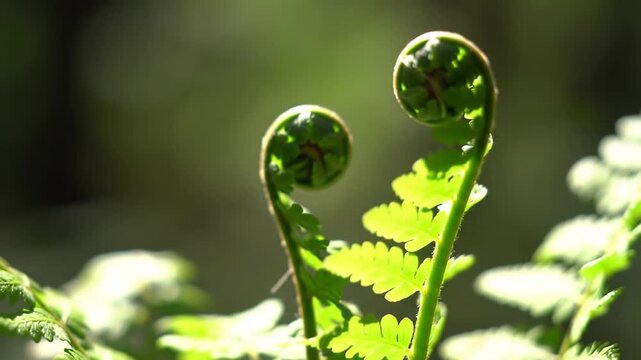 Macro shot of two unfurling green fern croziers illuminated by backlit forest sunlight
