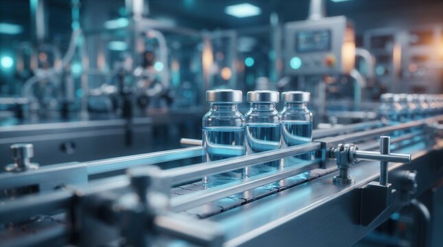 Sterile manufacturing process for medical drugs with clear glass vials containing blue liquid on a modern pharma factory production line.