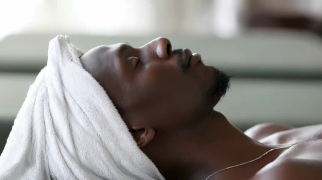 Young African American man relaxing with eyes closed and white towel on head during spa treatment, side view profile shot in professional salon