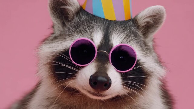 Funny raccoon wearing a colorful party hat and pink round sunglasses isolated on a solid pink background for a birthday celebration video clip