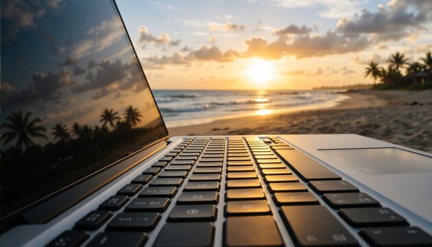 Laptop on beach at sunset, perfect for remote work or digital nomad lifestyle, blending productivity with tropical relaxation.