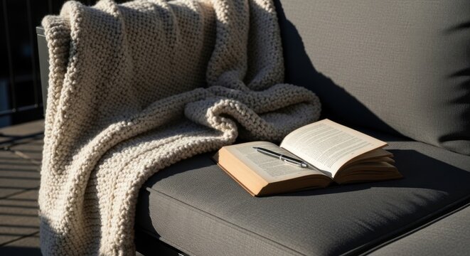 Cozy Outdoor Retreat With Open Book And Knit Blanket
