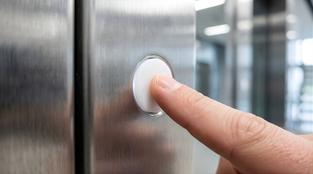 Finger pressing a silver elevator button in an office building hallway