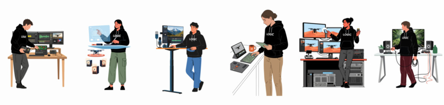 Illustration of diverse creative professionals working on video editing, audio production, and digital media across various modern tech-focused workstations and futuristic office environments.