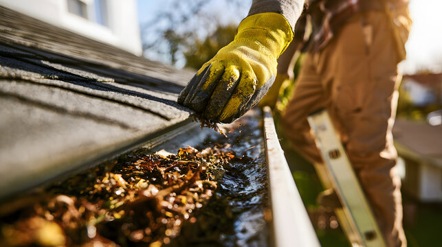 Handyman cleaning roof gutters after winter, standing on a ladder, wearing safety gloves