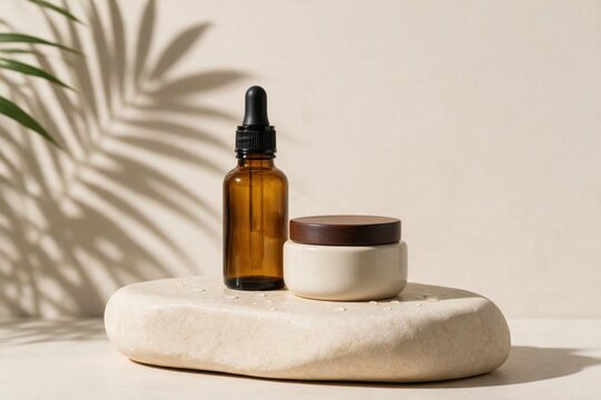 Amber glass dropper bottle and cosmetic cream jar on natural stone podium with tropical leaf shadows, organic skincare concept