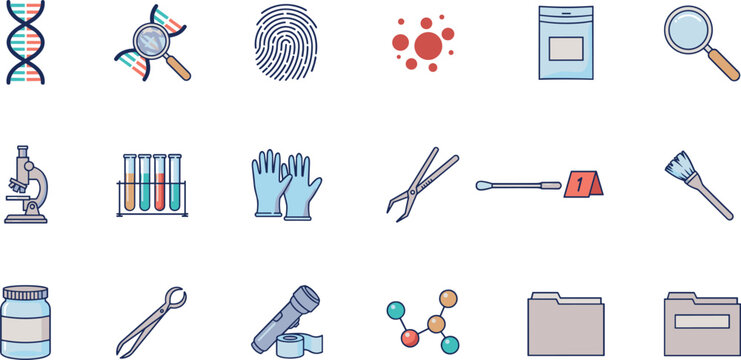 Forensic science criminology investigation icon set with fingerprints dna evidence files microscopes magnifying glasses and lab tools