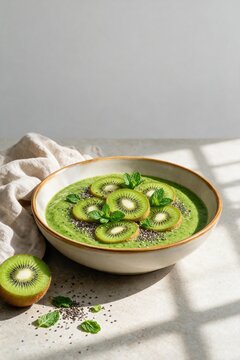 Healthy green smoothie bowl topped with fresh kiwi slices, chia seeds, and mint leaves, nutritious organic breakfast concept